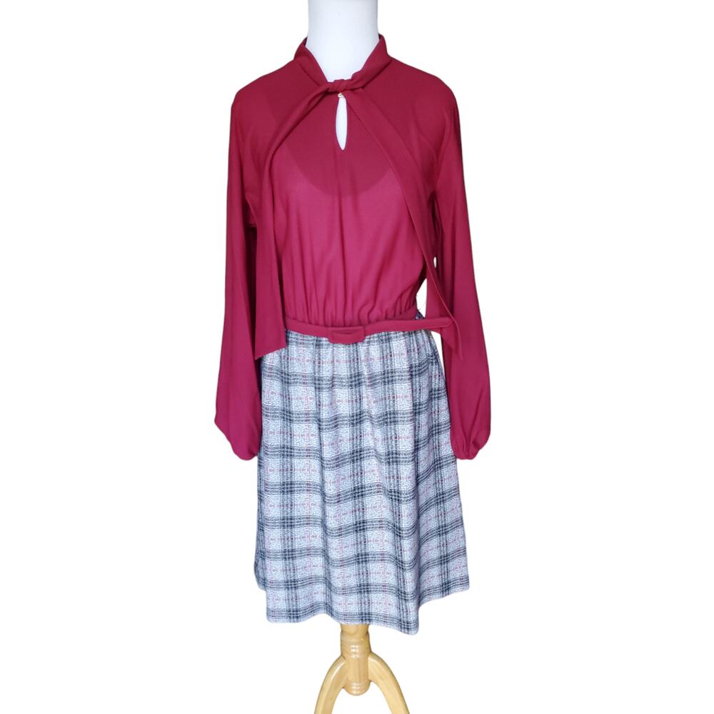 Vintage Belted Shirt Dress Red Plaid Tie Neck Elastic Sleeves Vest1970s Fits S/M